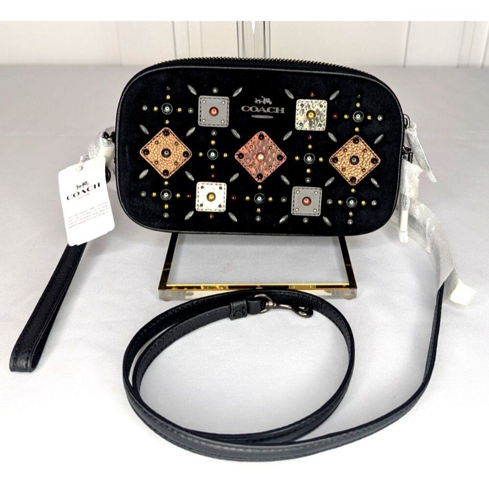 Coach Prairie Rivets Crossbody - Black Suede with Leather Patches, 24309, NWT